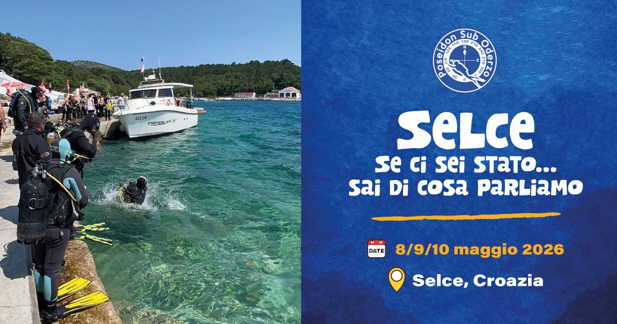 Weekend subacqueo a Selce in Croazia dall’8 al 10 maggio 2026 con il Poseidon Sub Oderzo. Immersioni per tutti i livelli e esami finali del corso Open Water.